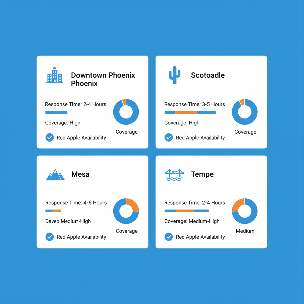 Infographic depicting Viking appliance repair coverage and response times across Phoenix metro areas including Downtown, Scottsdale, Mesa, and Tempe