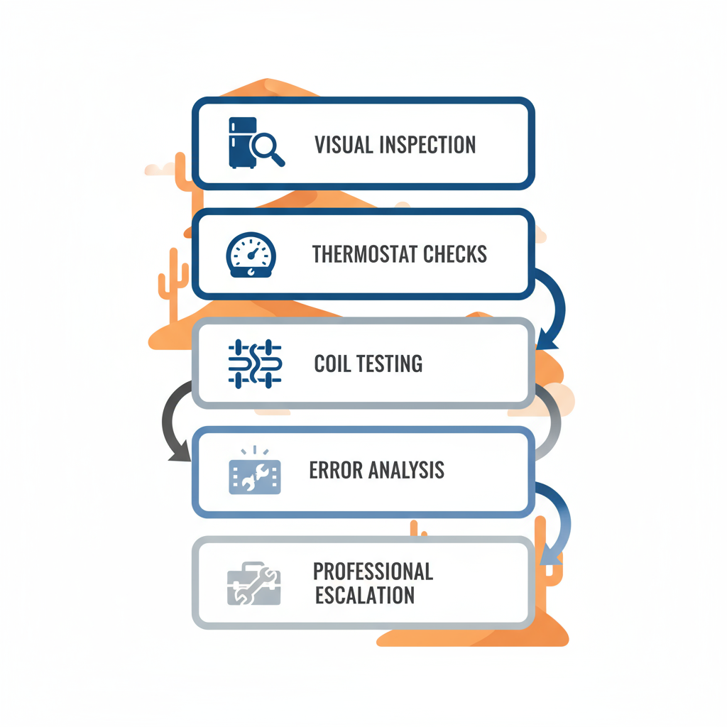 Vertical flowchart illustrating five diagnostic steps for Viking refrigerator cooling issues with icons and arrows