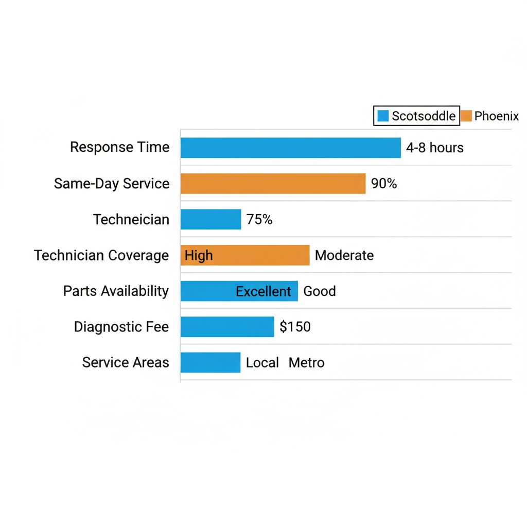 Horizontal bar chart comparing Viking appliance repair aspects between Scottsdale and Phoenix including response time, same-day service, and diagnostic fees