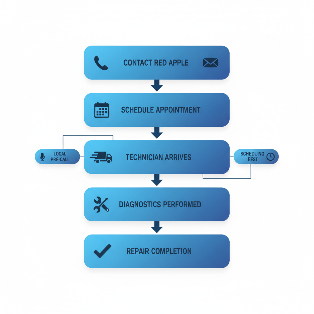 Vertical diagram showing five steps to start Viking appliance repair service: contact, schedule, arrival, diagnostics, and completion