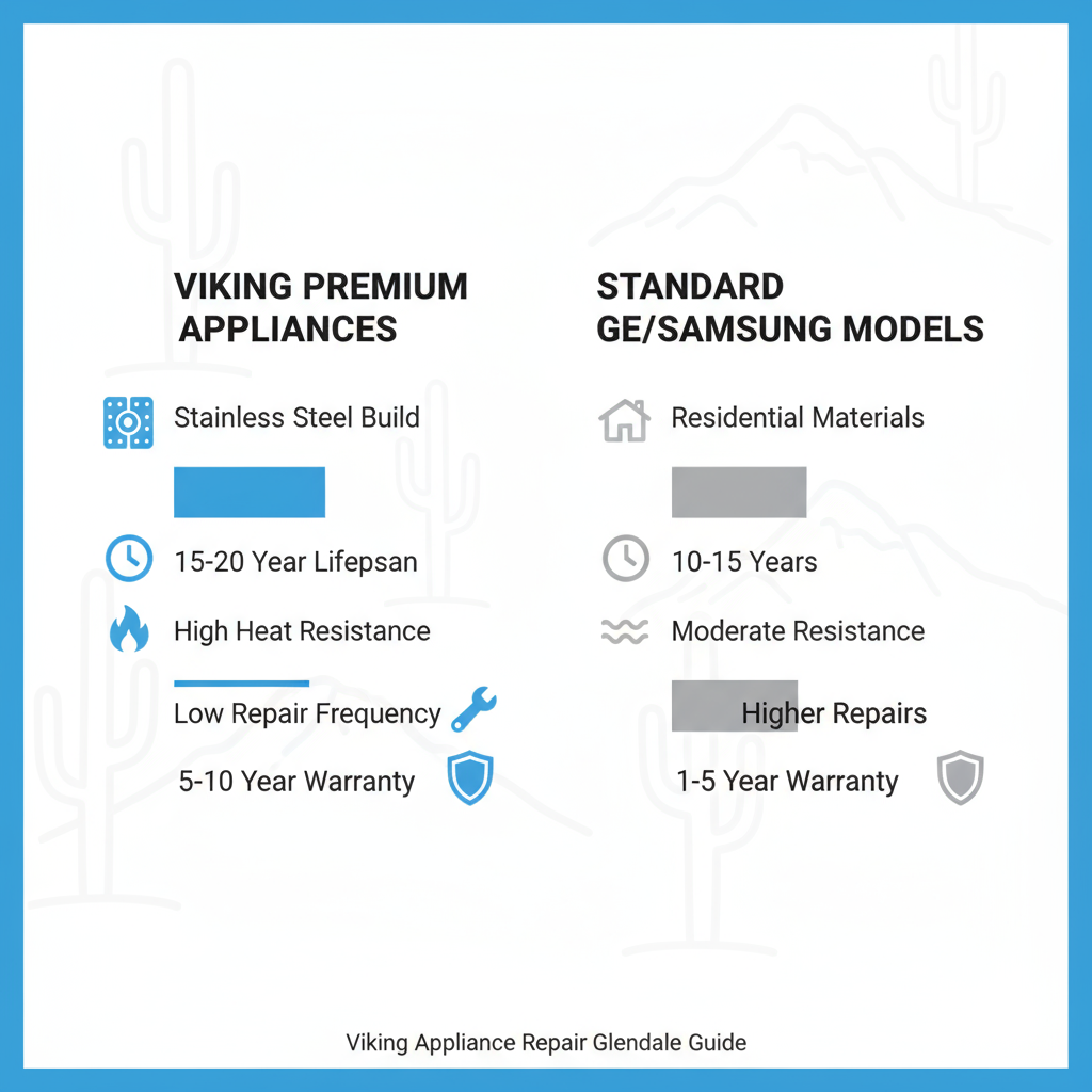 Infographic showing side-by-side comparison of Viking premium appliances versus standard models, highlighting durability, lifespan, repair rates, and warranties with icons and bar charts.