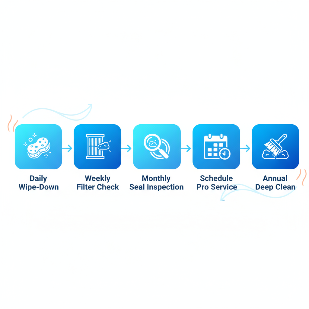 Horizontal process flow diagram showing five stages of Viking appliance maintenance with icons for daily to annual tasks in Glendale climate