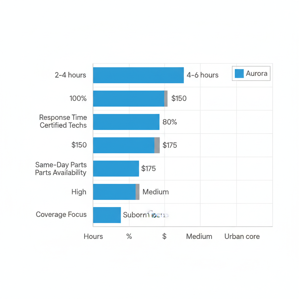 Horizontal bar chart comparing Viking appliance repair metrics between Aurora CO and Denver Metro average