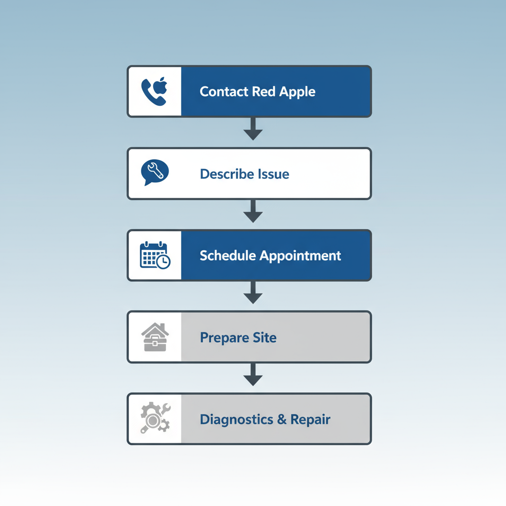 Vertical flowchart illustrating the five-step process for scheduling Viking appliance repair with Red Apple Appliance Repair