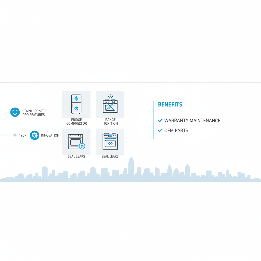 Infographic depicting Viking appliance timeline, common repair issues, and local repair benefits