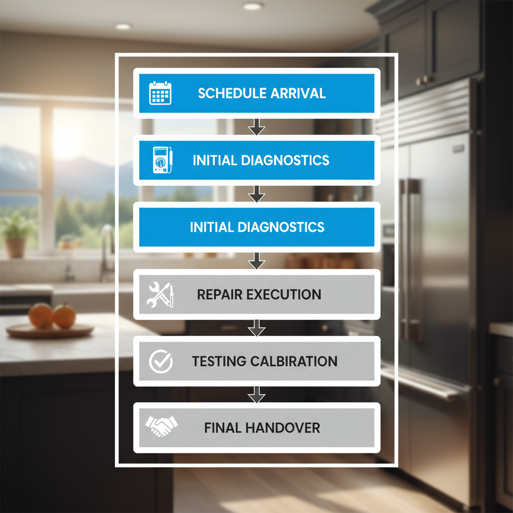 Vertical flowchart illustrating the five-step Viking refrigerator repair process from scheduling to handover
