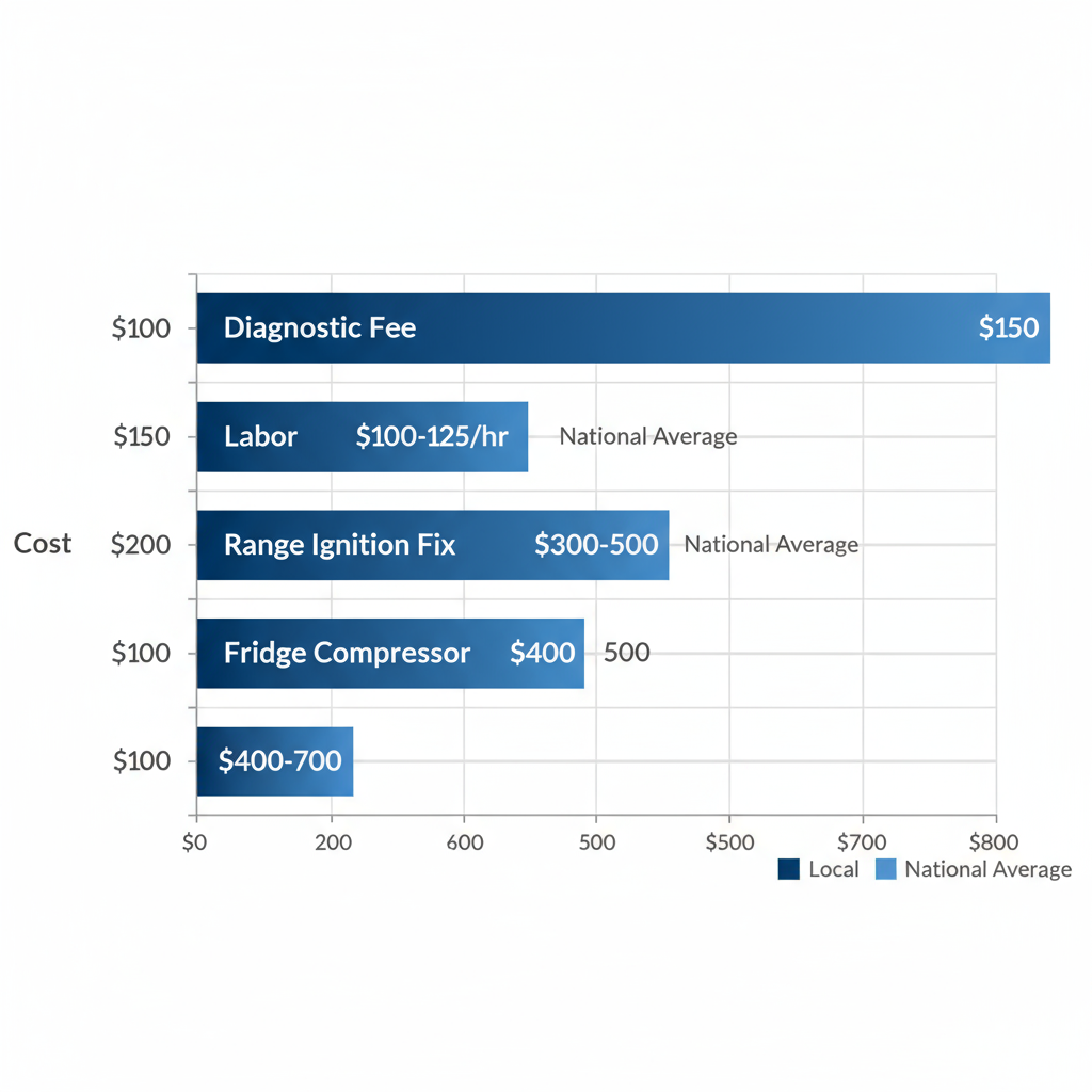 Horizontal bar chart showing Viking appliance repair costs including diagnostic fee, labor, range ignition fix, and fridge compressor in Colorado Springs with national comparisons