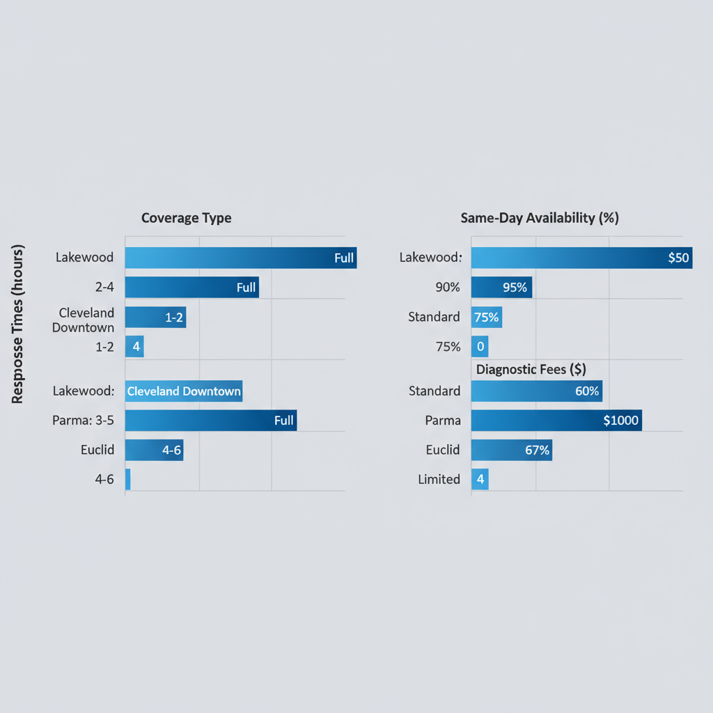 Bar charts comparing Viking appliance repair metrics like response time, coverage, availability, and fees across Cleveland neighborhoods including Lakewood, Downtown, Parma, and Euclid