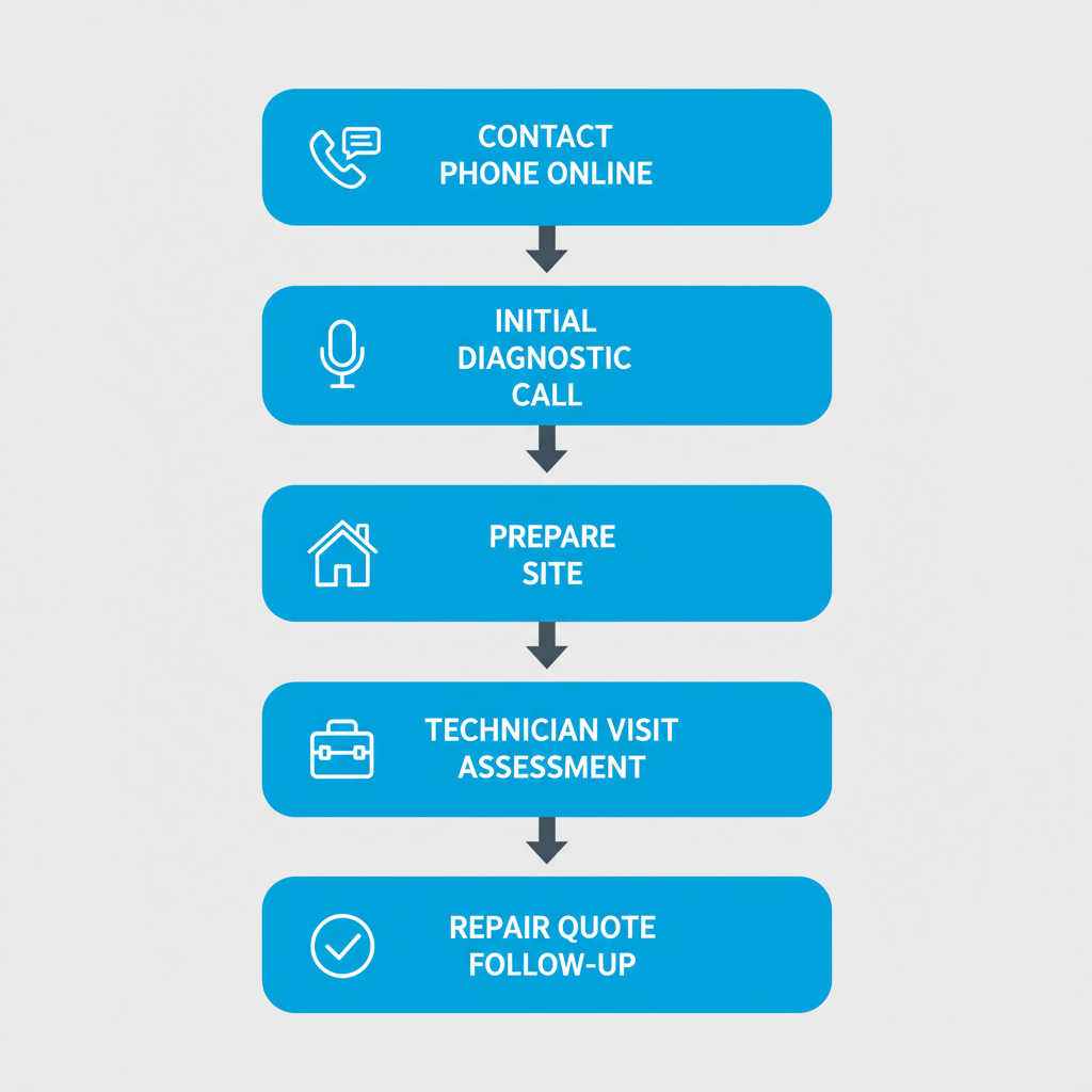 Vertical flowchart depicting the five-step process for initiating Viking appliance repair service