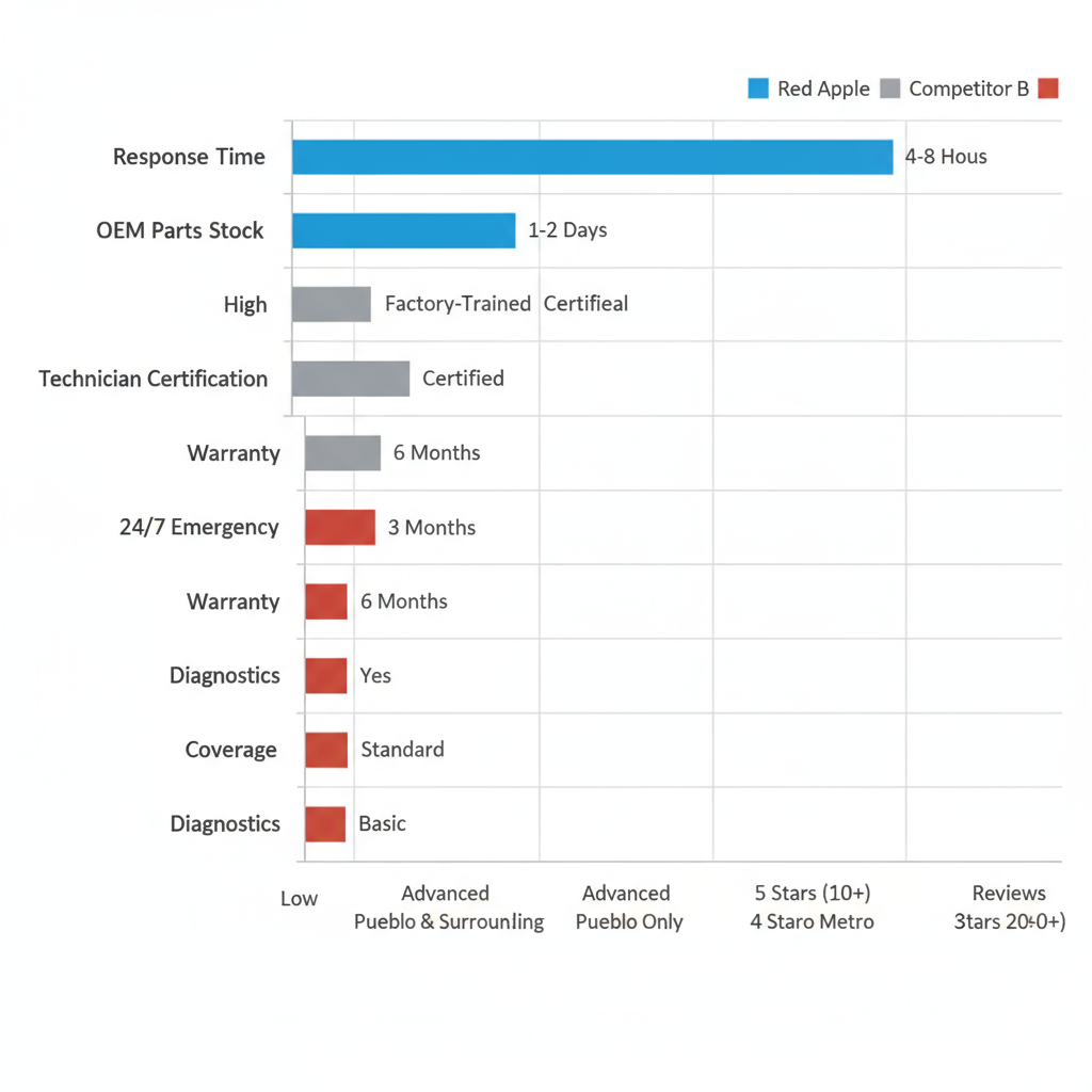 Horizontal bar chart comparing Viking range repair features across Red Apple and two competitors