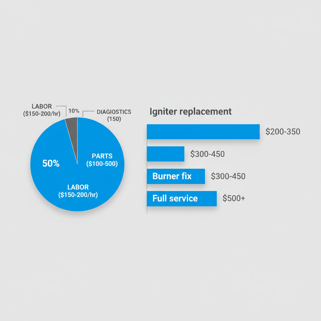Pie chart and bar graph illustrating breakdown and comparison of Viking range repair costs including labor, parts, diagnostics, and specific service totals.