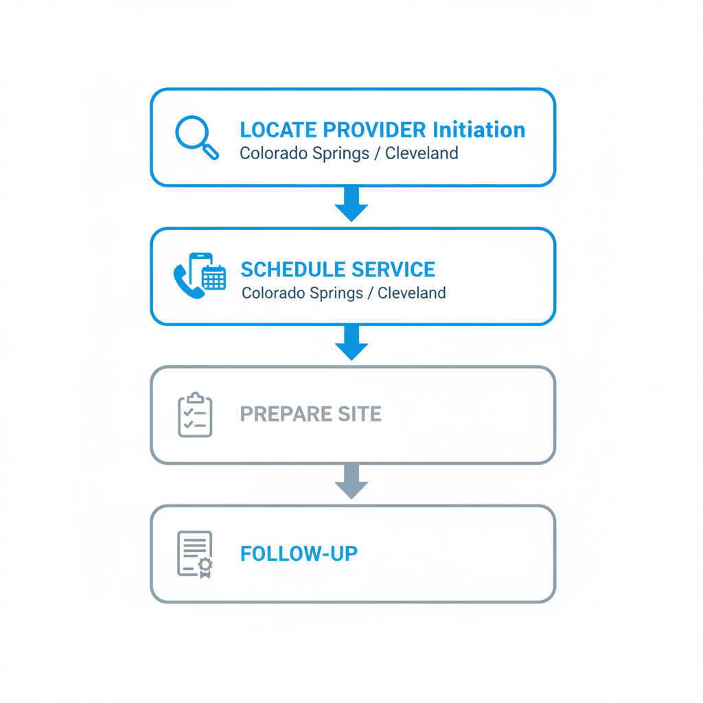 Vertical flowchart depicting four steps to start Viking appliance repairs: locate provider, schedule service, prepare site, and follow-up.