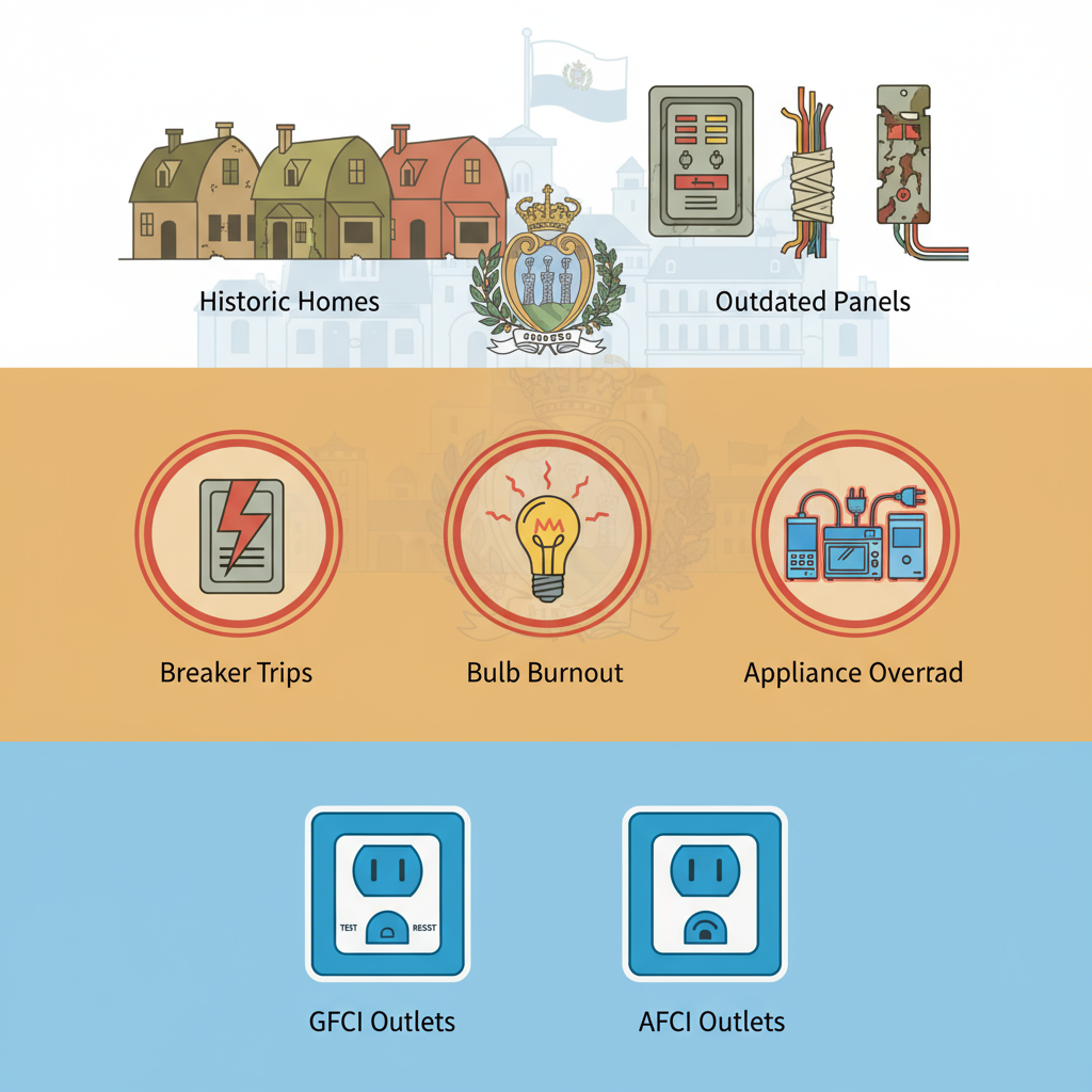 Infographic depicting electrical challenges in San Marino's historic homes, common issues, and safety features like GFCI outlets.