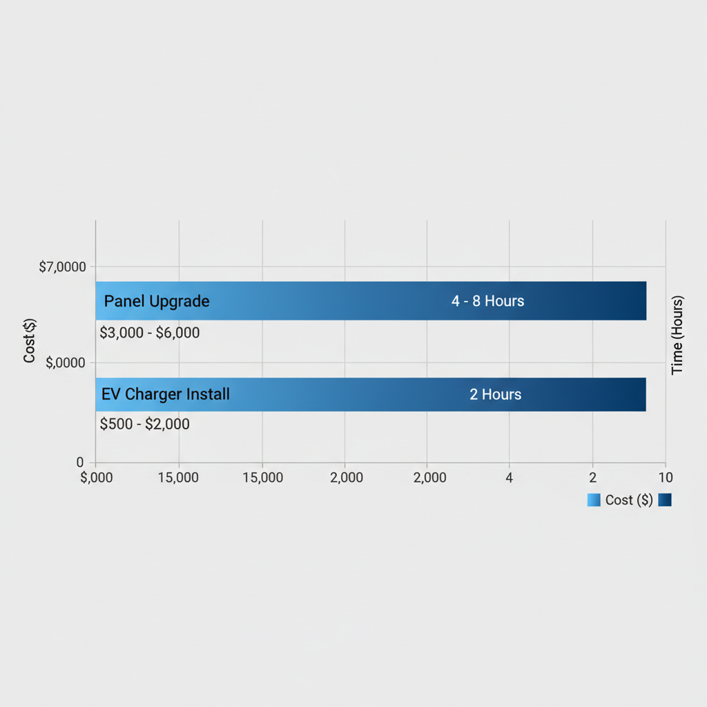 Horizontal bar chart comparing costs and timelines for panel upgrades and EV charger installations in San Marino