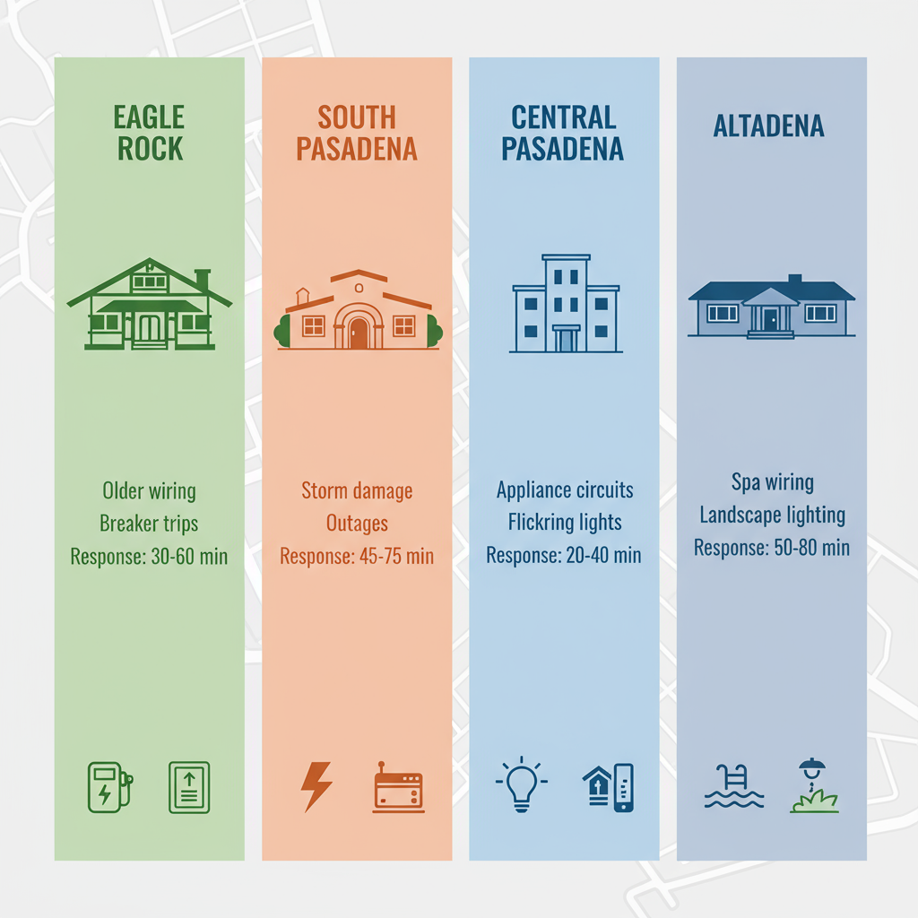 Infographic grid comparing electrical challenges and services in four Pasadena neighborhoods