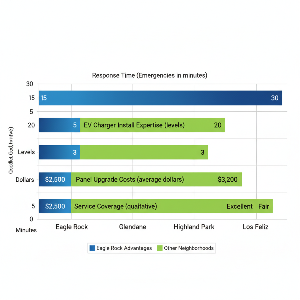 Horizontal bar chart comparing electrical services like response times, EV expertise, upgrade costs, and coverage in Eagle Rock and nearby areas