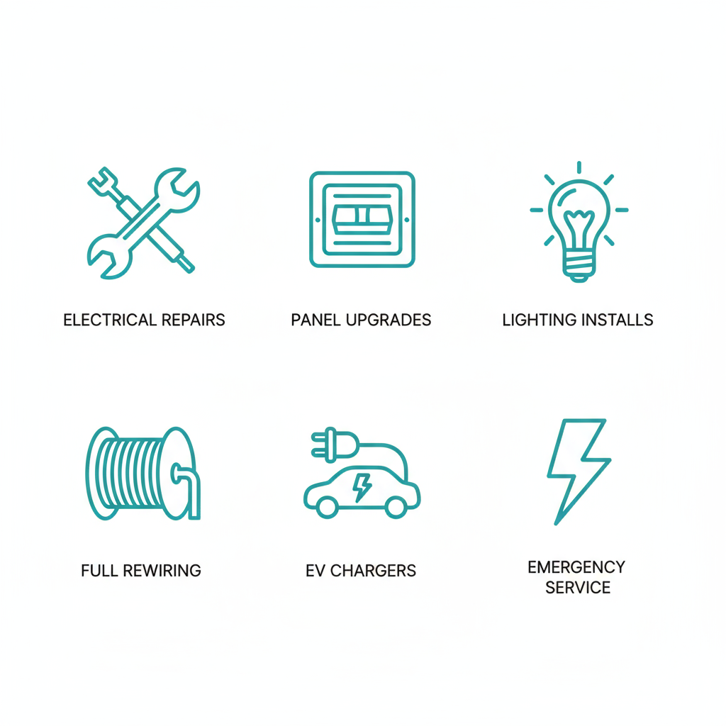 Grid of icons depicting electrical services including repairs, panel upgrades, lighting, rewiring, EV chargers, and emergency response