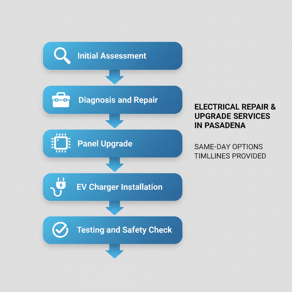 Vertical process flow diagram showing five steps of electrical repair and upgrade services including assessment, diagnosis, panel upgrade, EV charger installation, and safety testing