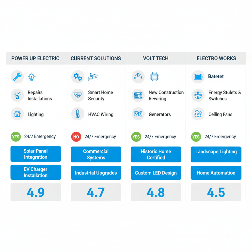 Infographic comparing services, emergency availability, specialties, and ratings of top Pasadena electrical companies