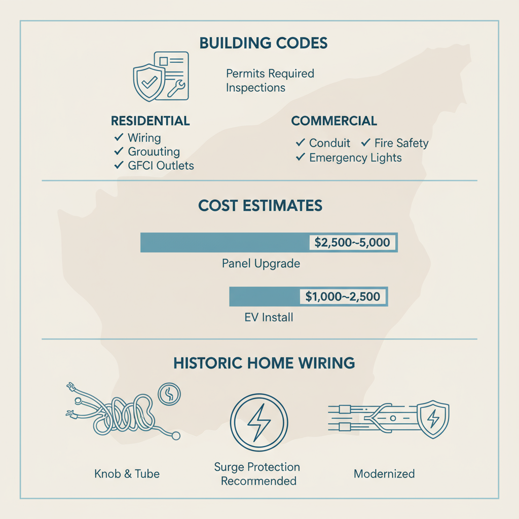 Infographic illustrating San Marino electrical building codes, cost estimates, and historic home wiring challenges