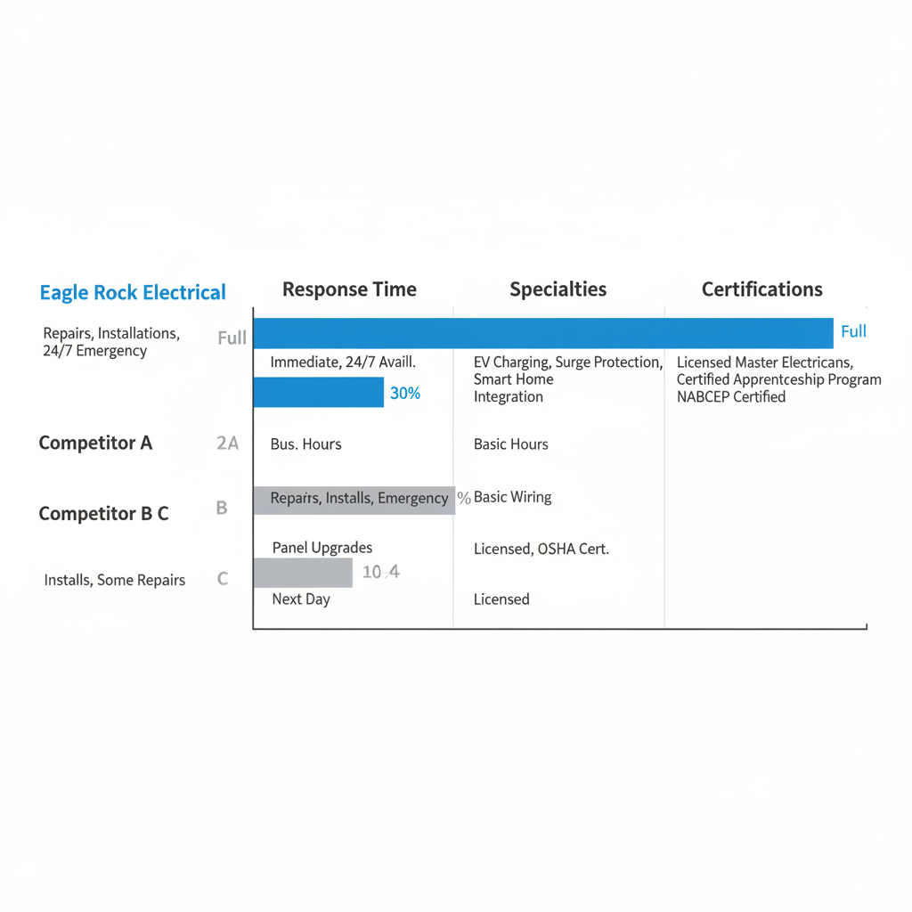 Bar chart comparing electrical providers in La Cañada Flintridge by services, response time, specialties, and certifications