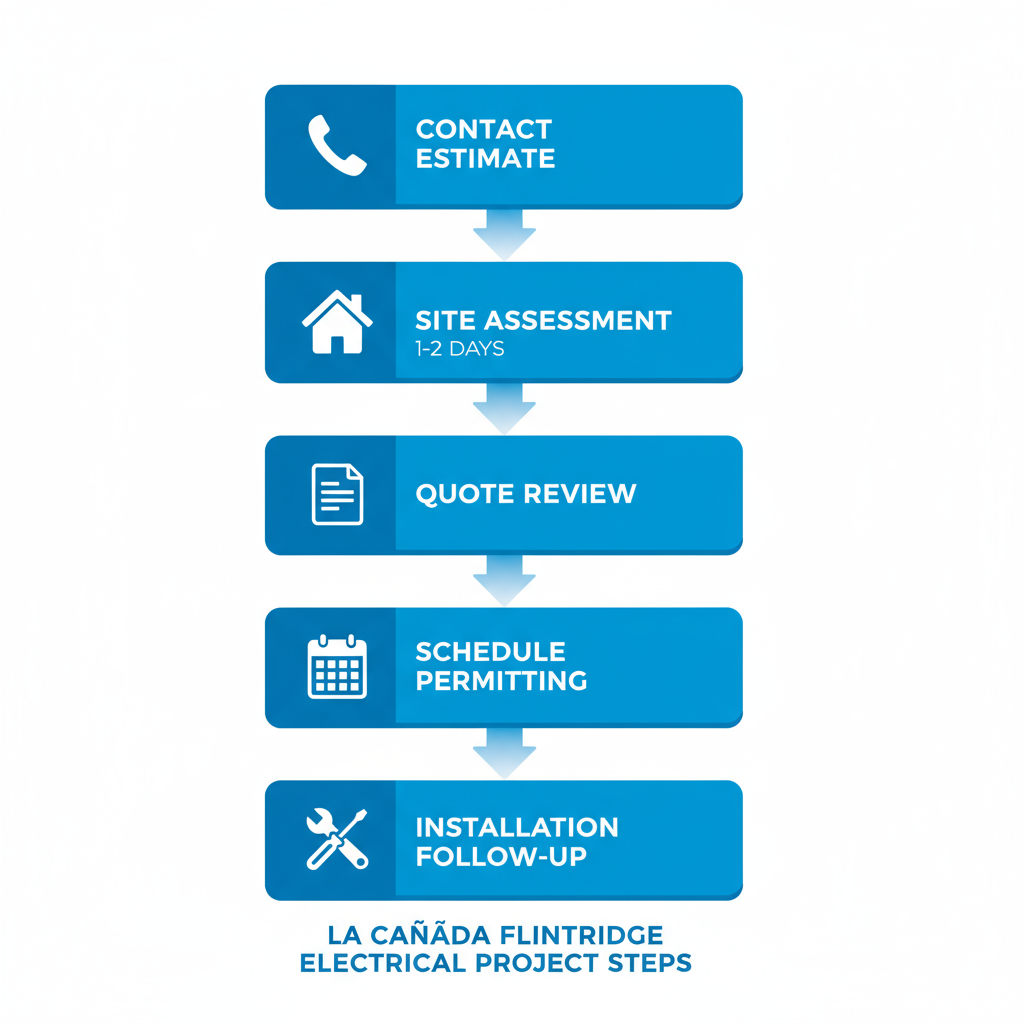 Vertical process flow diagram illustrating five steps to initiate an electrical project: contact for estimate with phone icon, site assessment with house icon, quote review with document icon, scheduling and permitting with calendar icon, installation and follow-up with tools icon, connected by blue arrows on white background