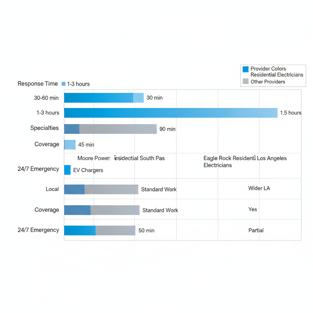 Horizontal bar chart comparing four South Pasadena electrical providers on response time, specialties, coverage, and 24/7 emergency services