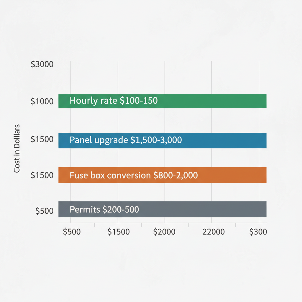 Horizontal bar chart displaying average electrical service costs in South Pasadena including hourly rates, panel upgrades, fuse conversions, and permits