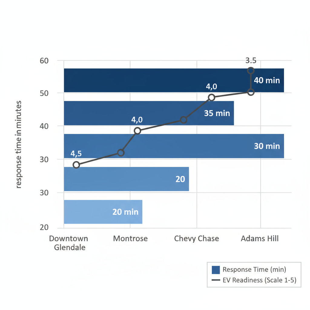 Horizontal bar chart showing response times for electrical services across four Glendale neighborhoods with EV readiness line