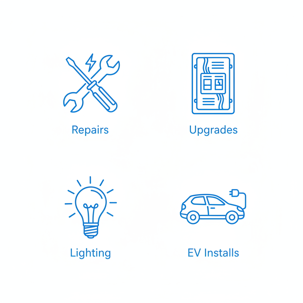 Grid of icons depicting electrical repairs, panel upgrades, lighting installations, and EV charger setups