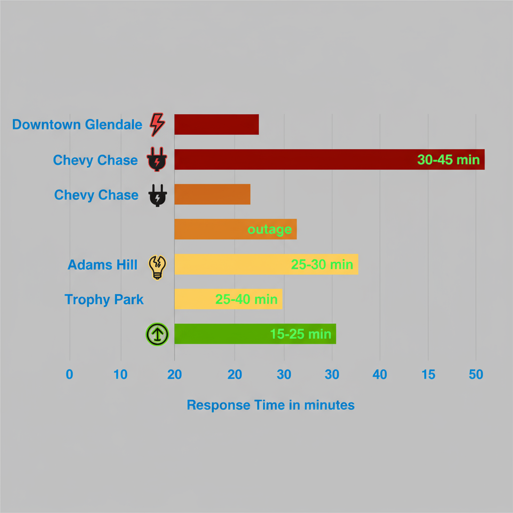 Horizontal bar chart showing average emergency electrical response times across Glendale neighborhoods