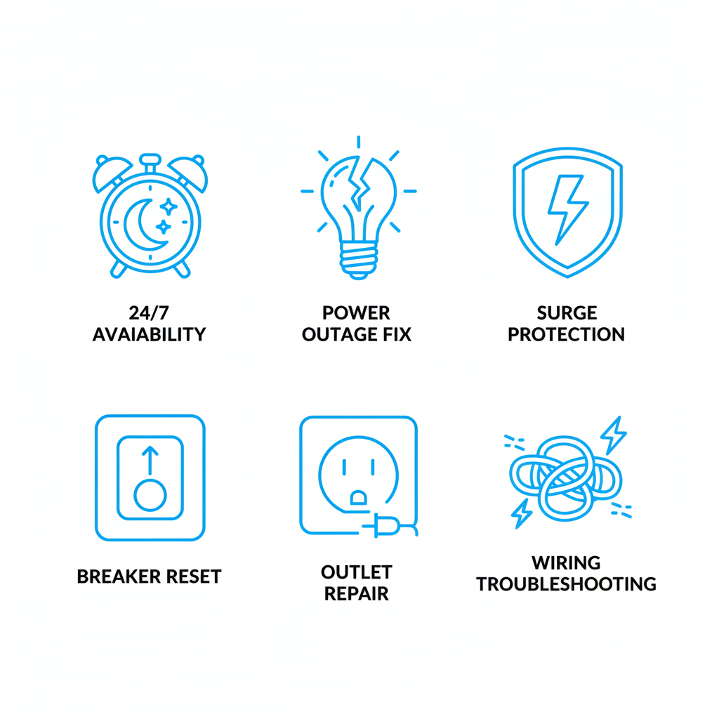 Grid of icons depicting key 24/7 emergency electrical services including availability, outage repair, and surge protection