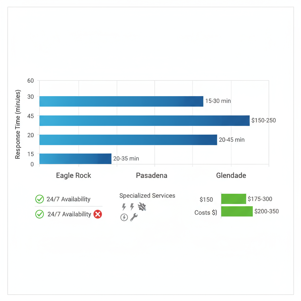 Bar chart comparing response times, availability, services, and costs for electrical emergencies in Eagle Rock, Pasadena, and Glendale