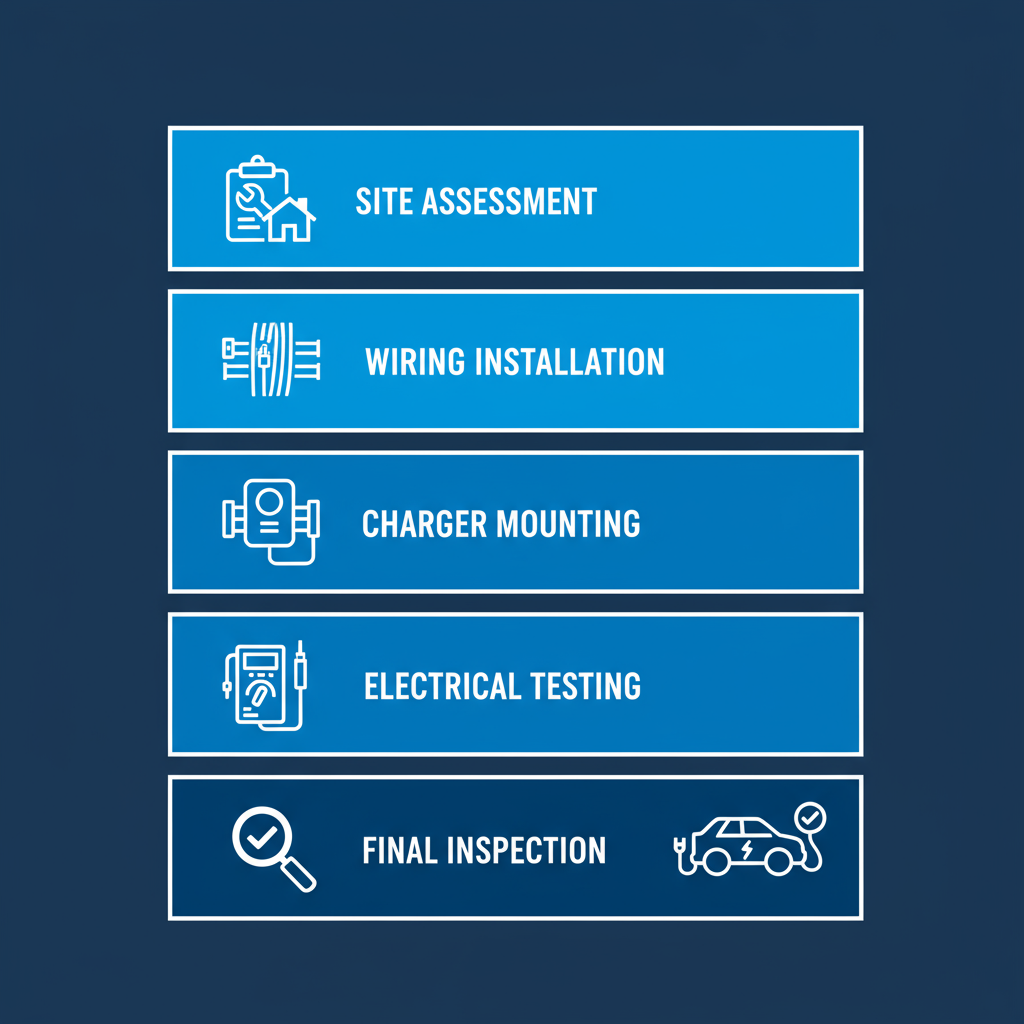 Step-by-step vertical diagram illustrating EV charger installation process with icons for assessment, wiring, mounting, testing, and inspection