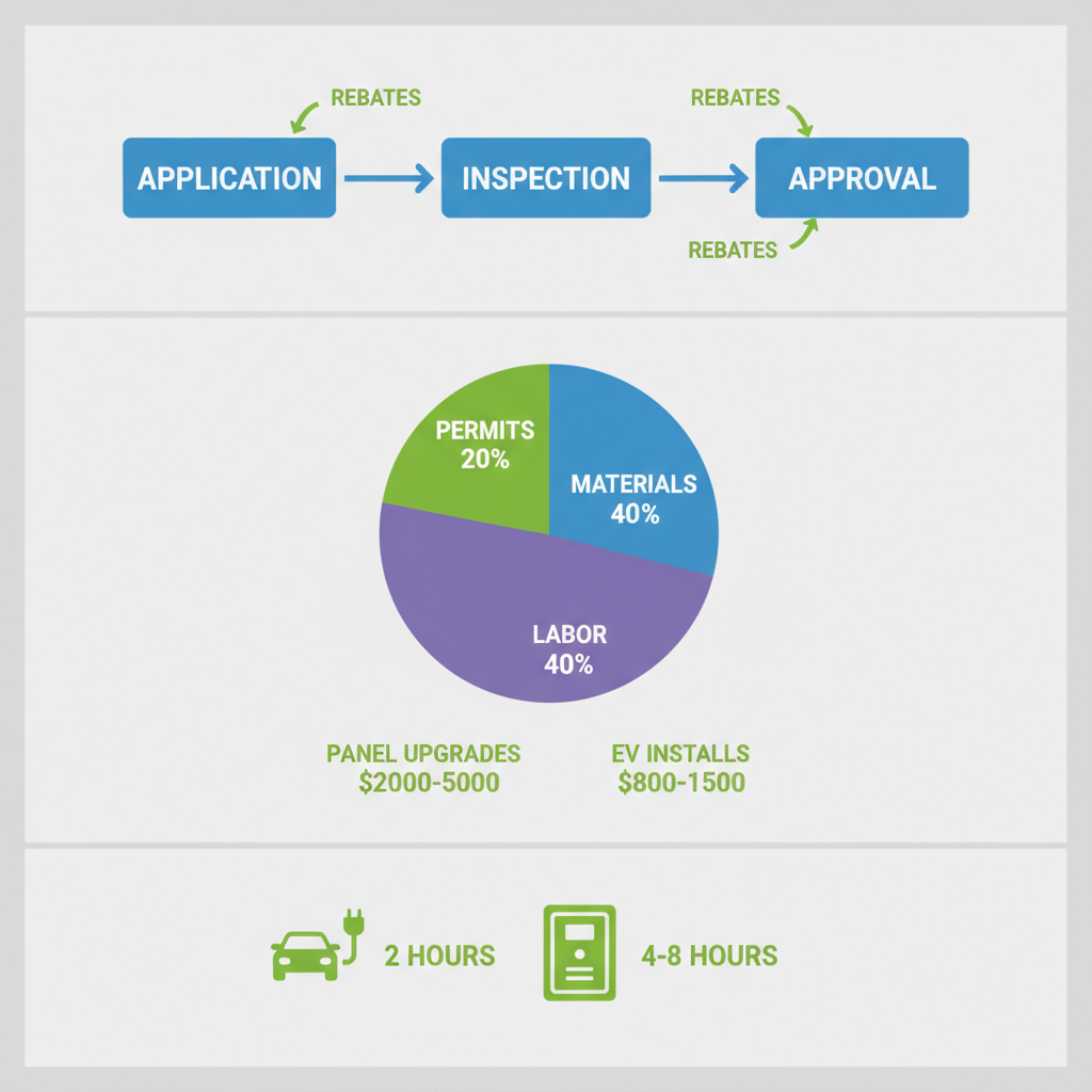 Infographic depicting Pasadena electrical permit process, cost breakdowns, and project timelines with charts and icons