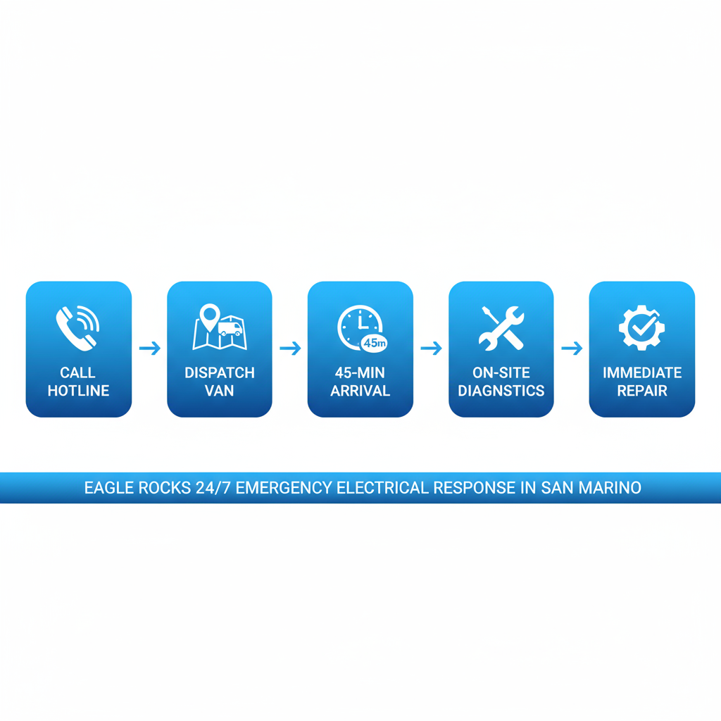 Horizontal process flow illustrating Eagle Rock's 24/7 emergency electrical response stages in San Marino with icons for calling, dispatching, arriving, diagnosing, and repairing.