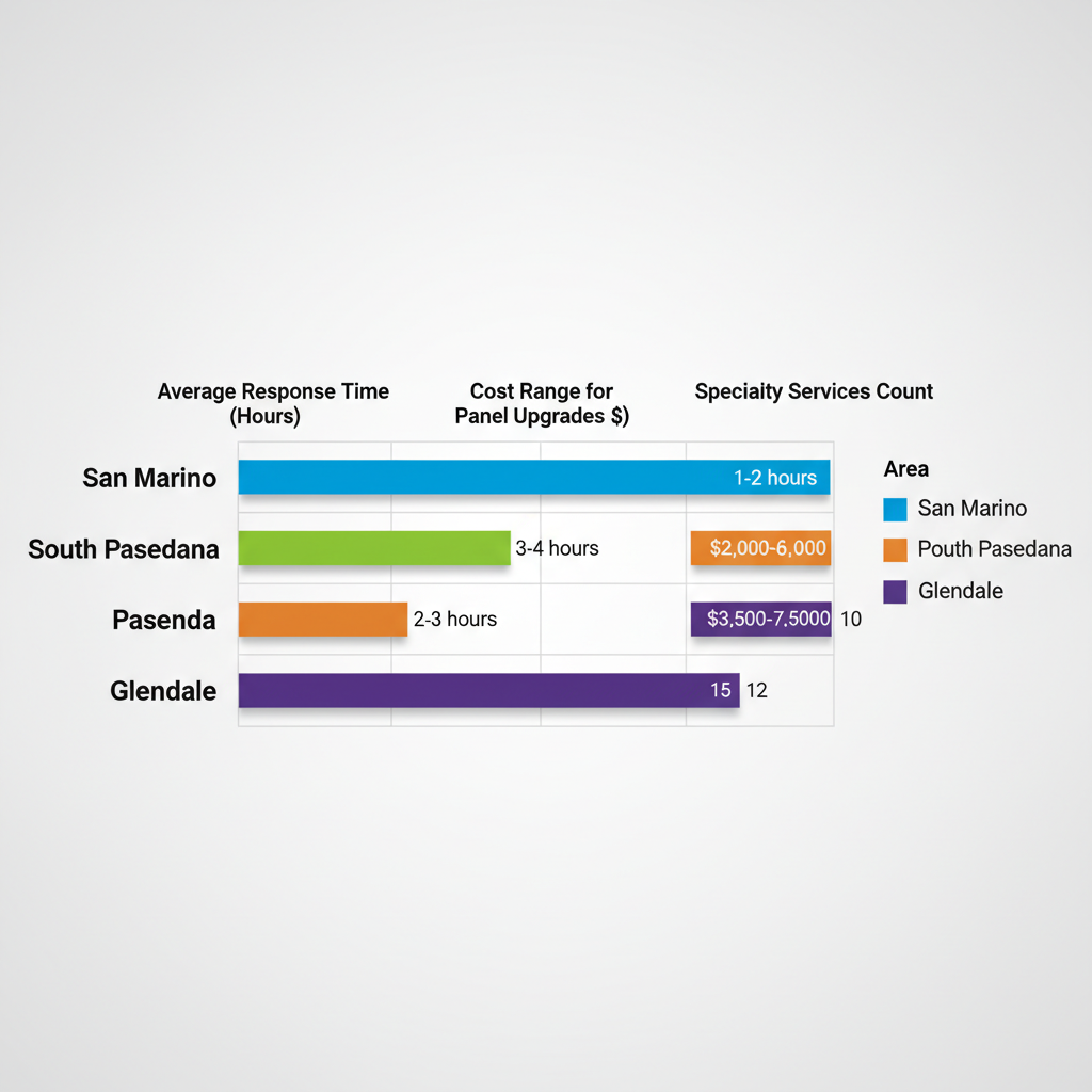 Horizontal bar chart comparing average response time, panel upgrade costs, and specialty services count for commercial electricians in San Marino, South Pasadena, Pasadena, and Glendale