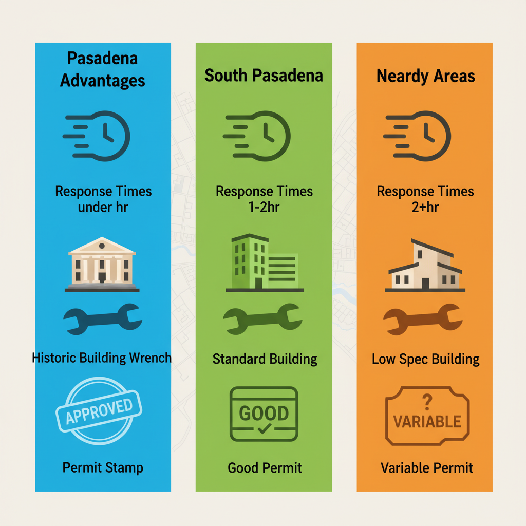 Infographic comparing commercial electrical service response times and features in Pasadena, South Pasadena, and nearby areas