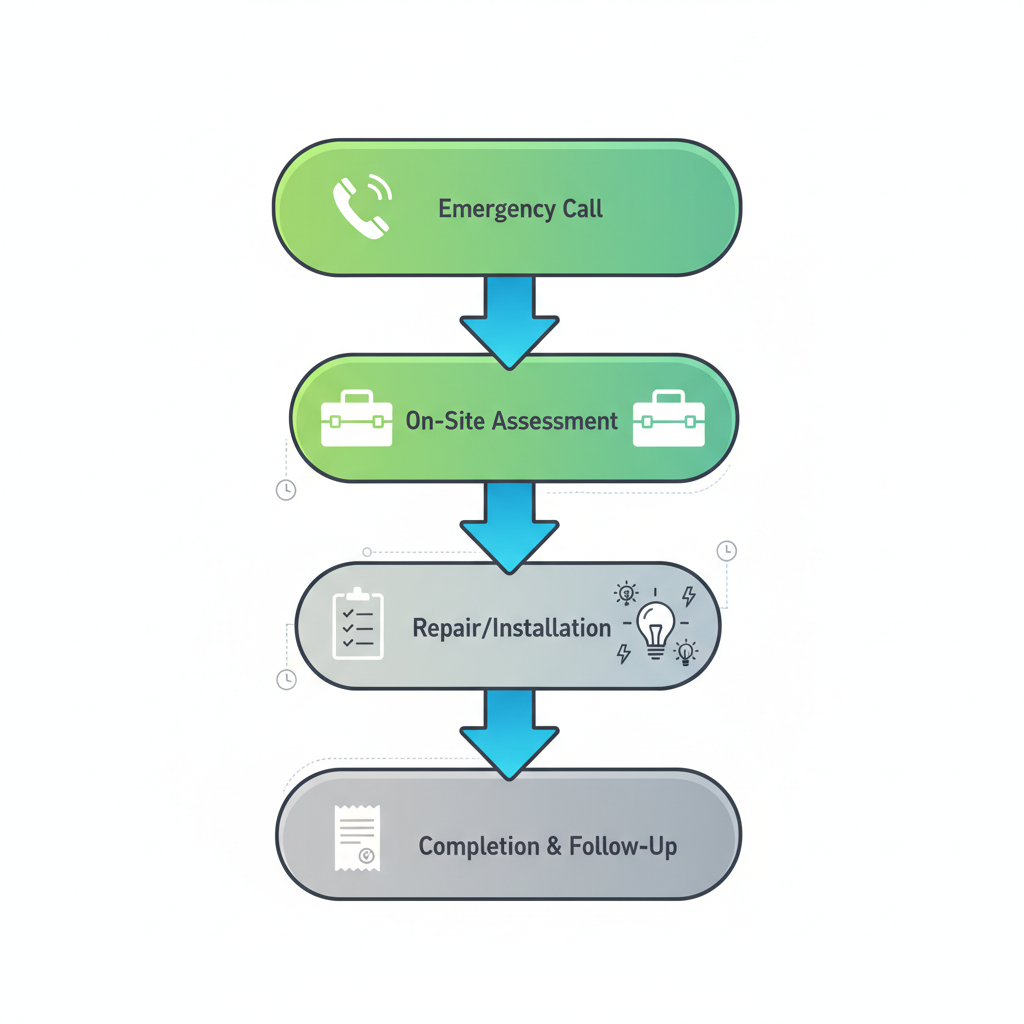 Vertical process flow diagram showing steps for commercial electrical repairs and lighting in Pasadena
