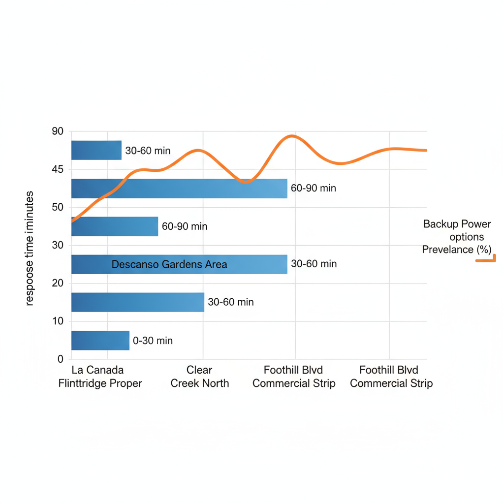 Bar chart comparing emergency electrical response times across La Canada Flintridge neighborhoods with backup power data