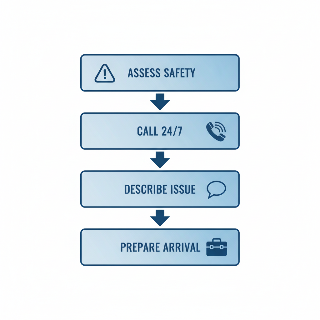 Vertical process flow diagram illustrating four steps for initiating emergency electrical services with icons