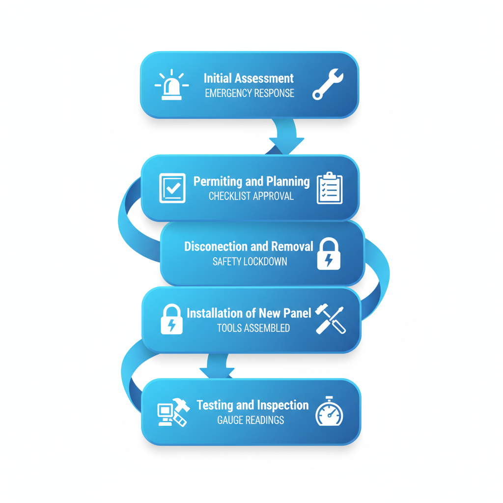 Vertical process flow diagram showing five stages of electrical repairs and upgrades with icons and labels