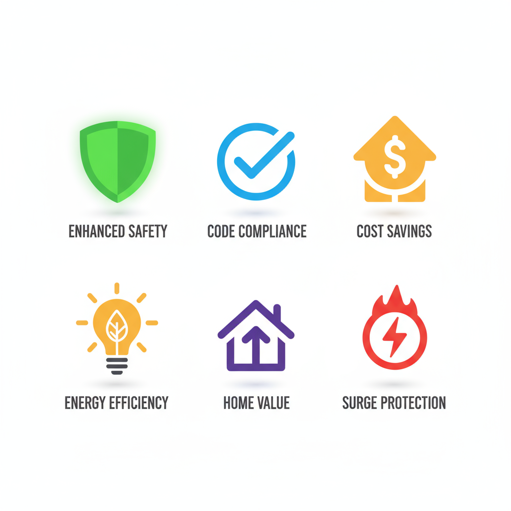 Grid of icons illustrating benefits of professional electrical services including safety, compliance, savings, efficiency, value, and protection