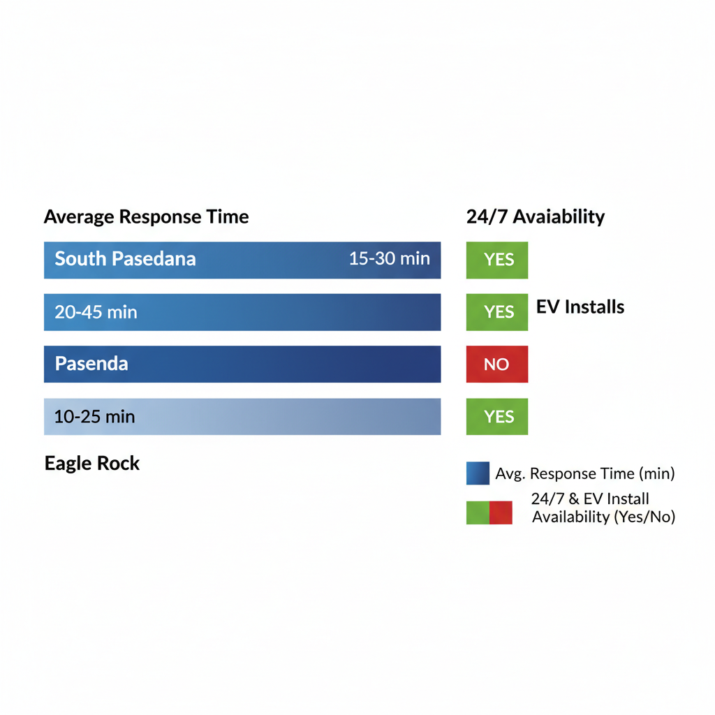 Bar chart comparing electrician response times and service availability across South Pasadena, Pasadena, and Eagle Rock areas