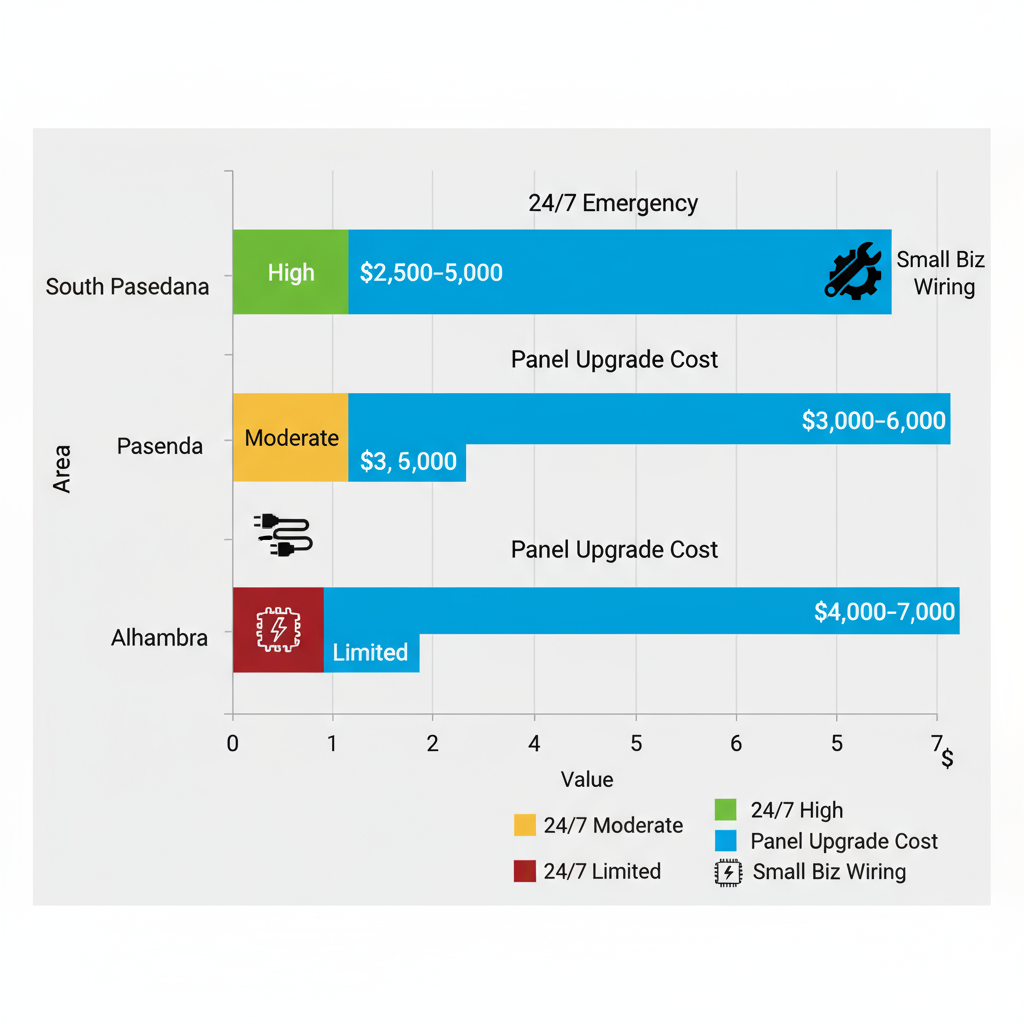 Horizontal bar chart comparing commercial electrical services including emergency availability, wiring specialization, and panel upgrade costs across South Pasadena, Pasadena, and Alhambra