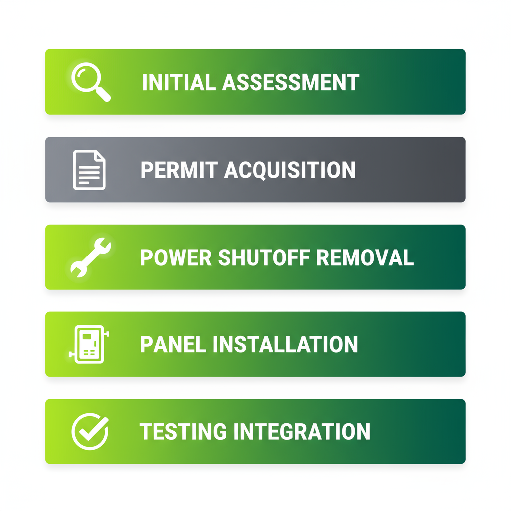 Vertical flowchart illustrating five steps of commercial electrical panel upgrade: assessment, permits, shutoff, installation, and testing with icons and labels