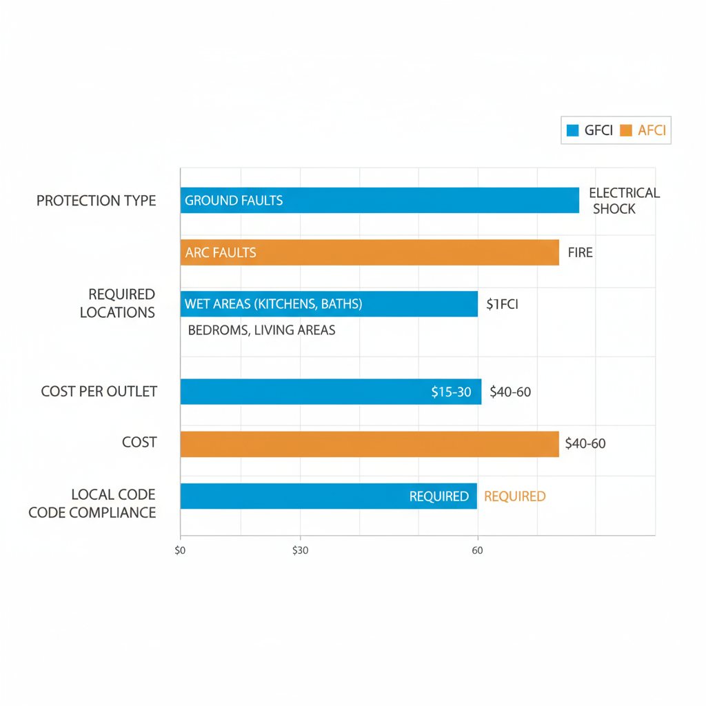 Bar chart comparing GFCI and AFCI electrical safety devices by protection, locations, cost, and code compliance