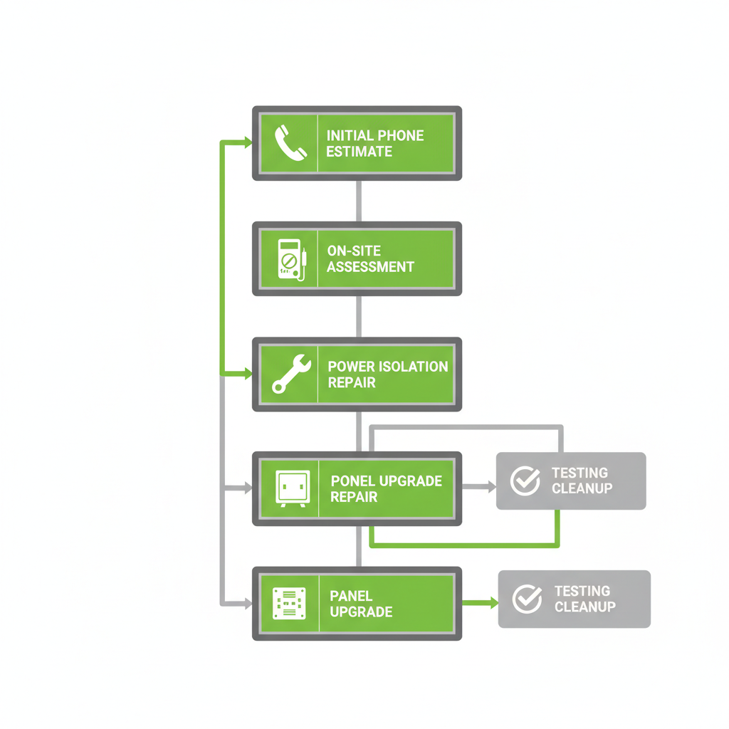 Step-by-step vertical flow diagram of professional residential electrical repair process with icons for each stage