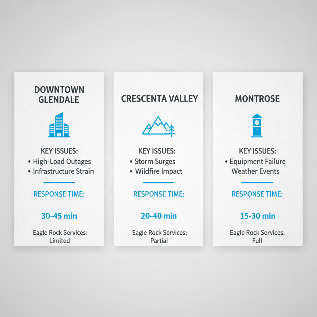 Infographic visualizing emergency electrical services and response times in three Glendale neighborhoods