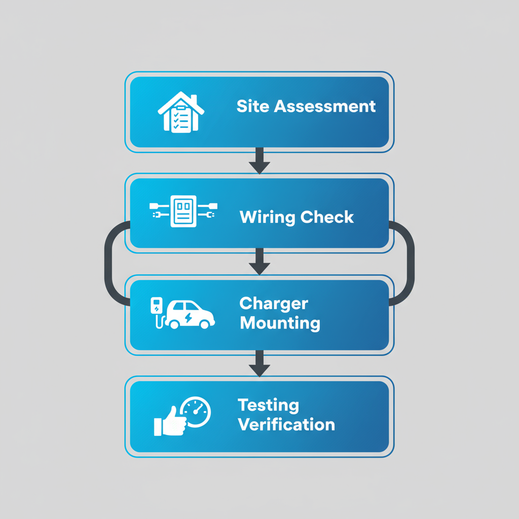 Vertical process flow diagram illustrating four stages of EV charger installation: site assessment, wiring and panel check, charger mounting and connection, testing and safety verification
